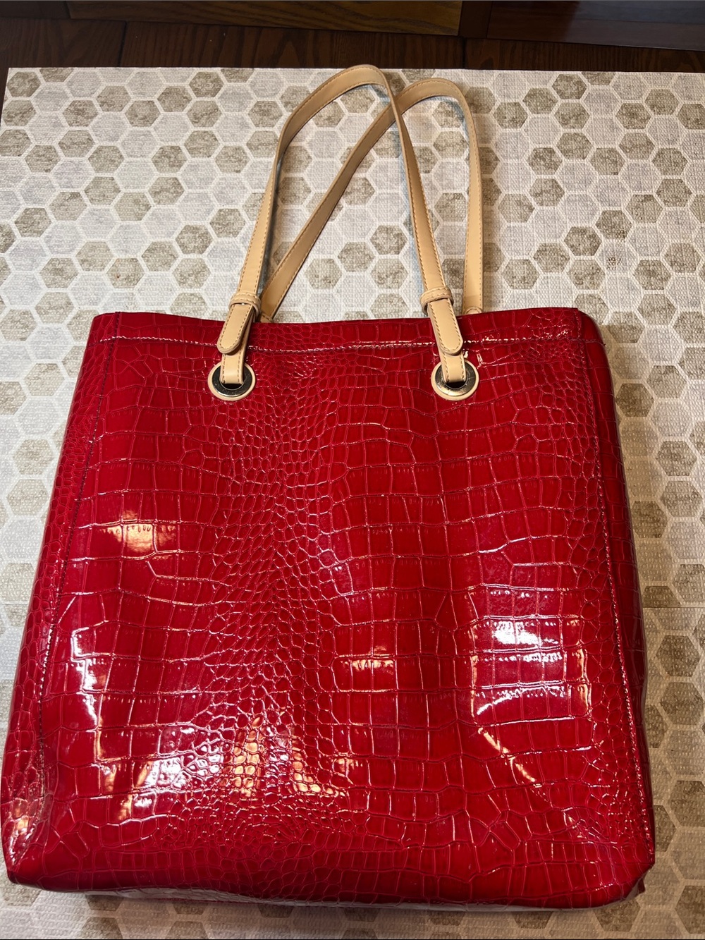 Jessica Red Croc-Embossed Patent Tote with Tan Straps